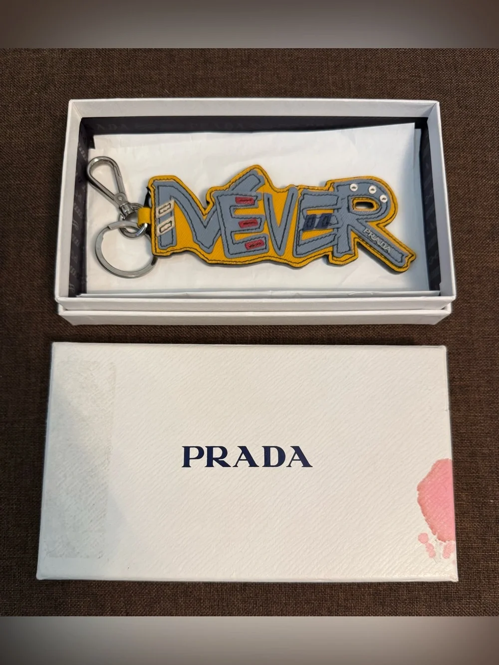 Authentic “NEVER” Prada Saffiano Leather Graffiti Keychain / Bag Charm with COA